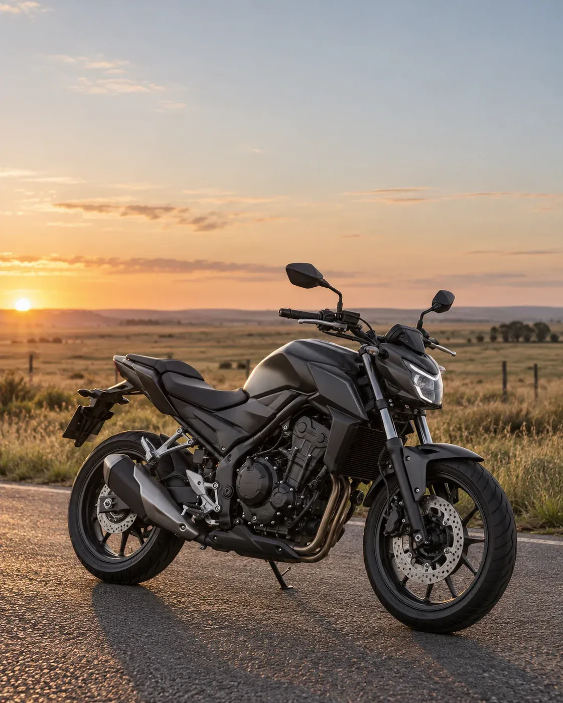 Campanha Pampa Motor: moto em uma estrada ao pôr do sol