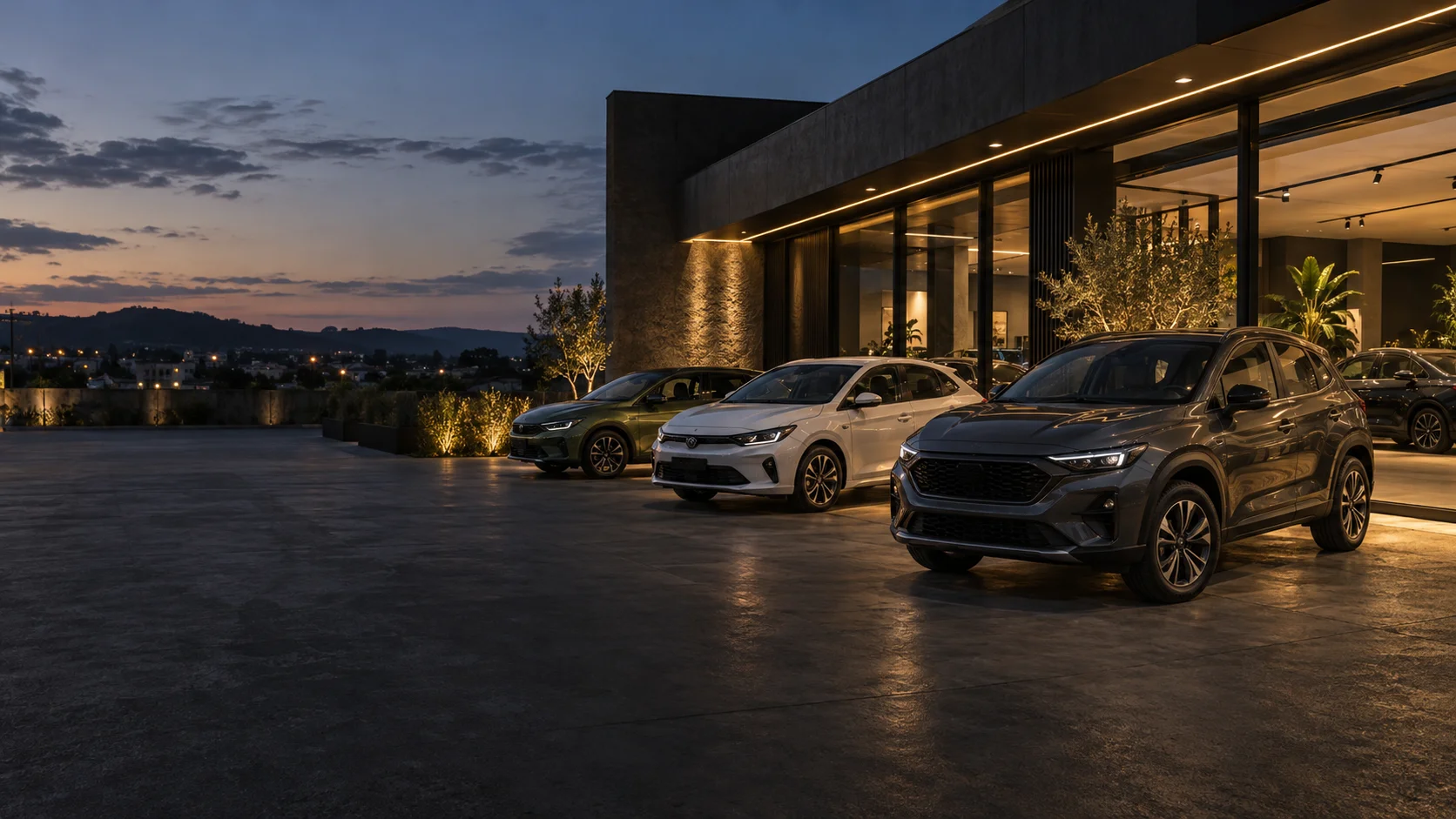 Campanha Pampa Motor: carros em frente a uma revenda ao entardecer
